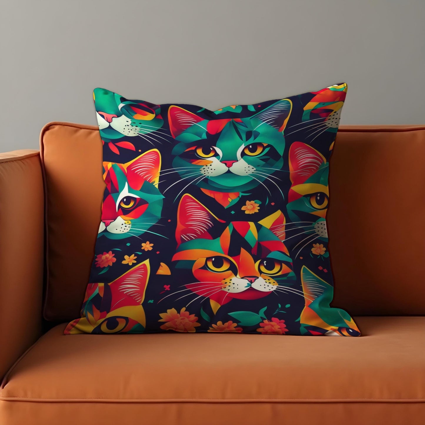Colorful Cat Cushion Cover, Bold Abstract Kitty Faces Pillow Case