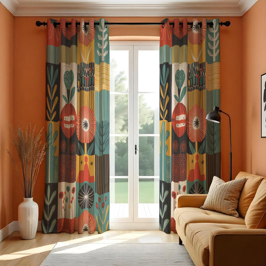 Classic Floral Geometric Curtains, Retro Mid Century Drapes
