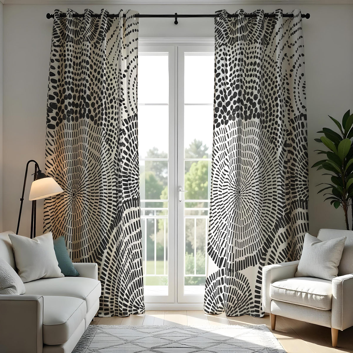 Black and White Circle Curtains, Monochrome Abstract Drapes