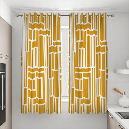 Mustard Yellow Geometric Curtains, Abstract Eyelet Drapes