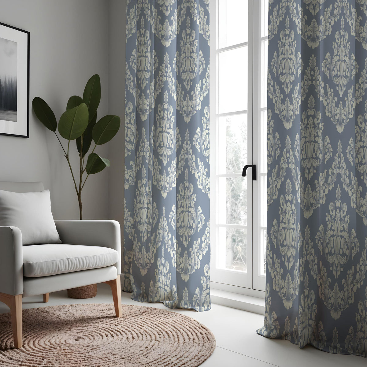 Grey Damask Curtains, Classic Baroque Farmhouse Drapes