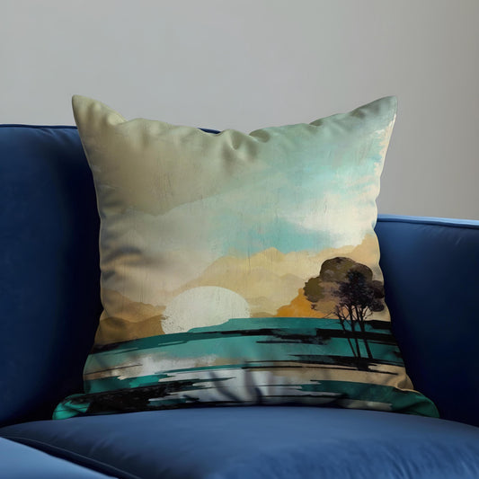 Minimalist Lake Sunset Pillow Cover, Tranquil Mountain Cushion Case