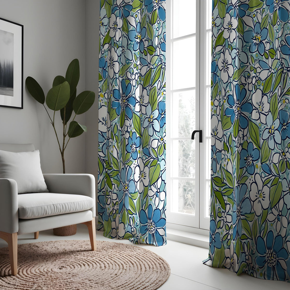Blue & Green Floral Curtains, Retro White Blossom Drapes