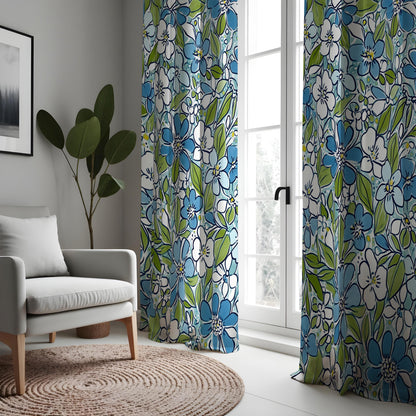 Blue & Green Floral Curtains, Retro White Blossom Drapes