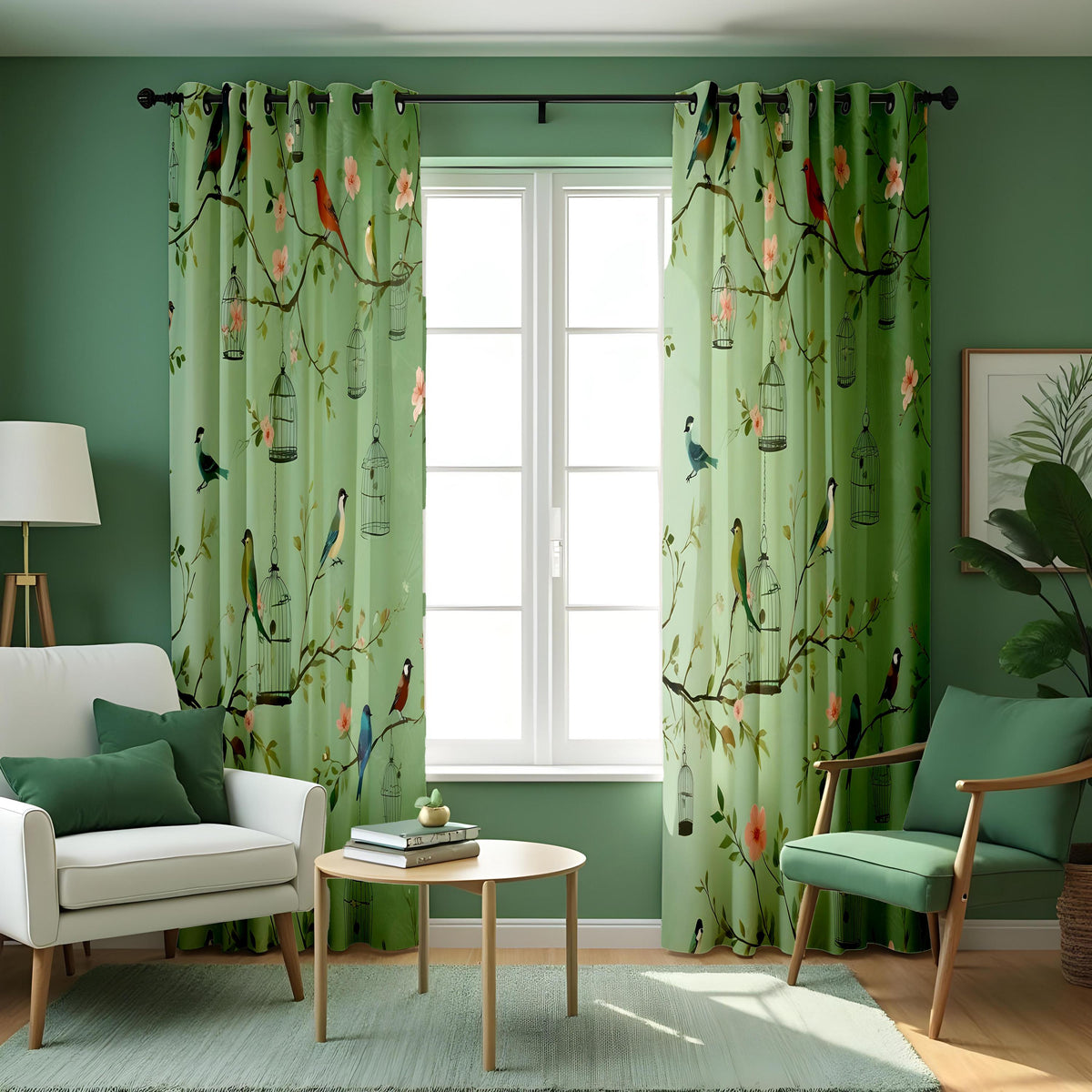 Green Bird & Branch Curtains, Nature Botanical Drapes