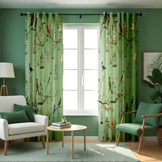 Green Bird & Branch Curtains, Nature Botanical Drapes