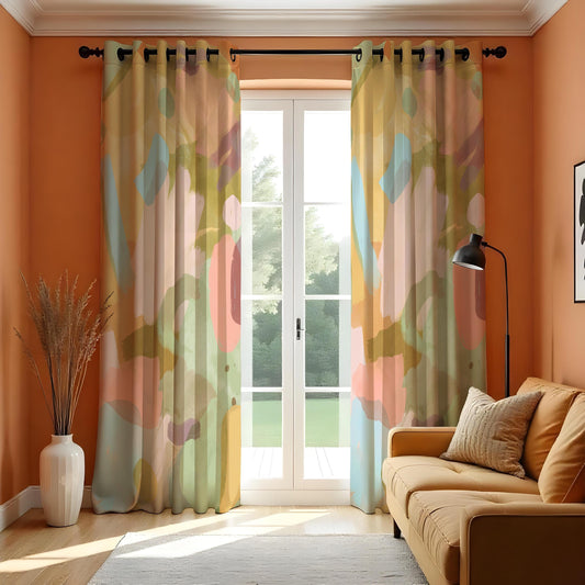 Pastel Abstract Art Curtains, Peach Blue & Olive Drapes