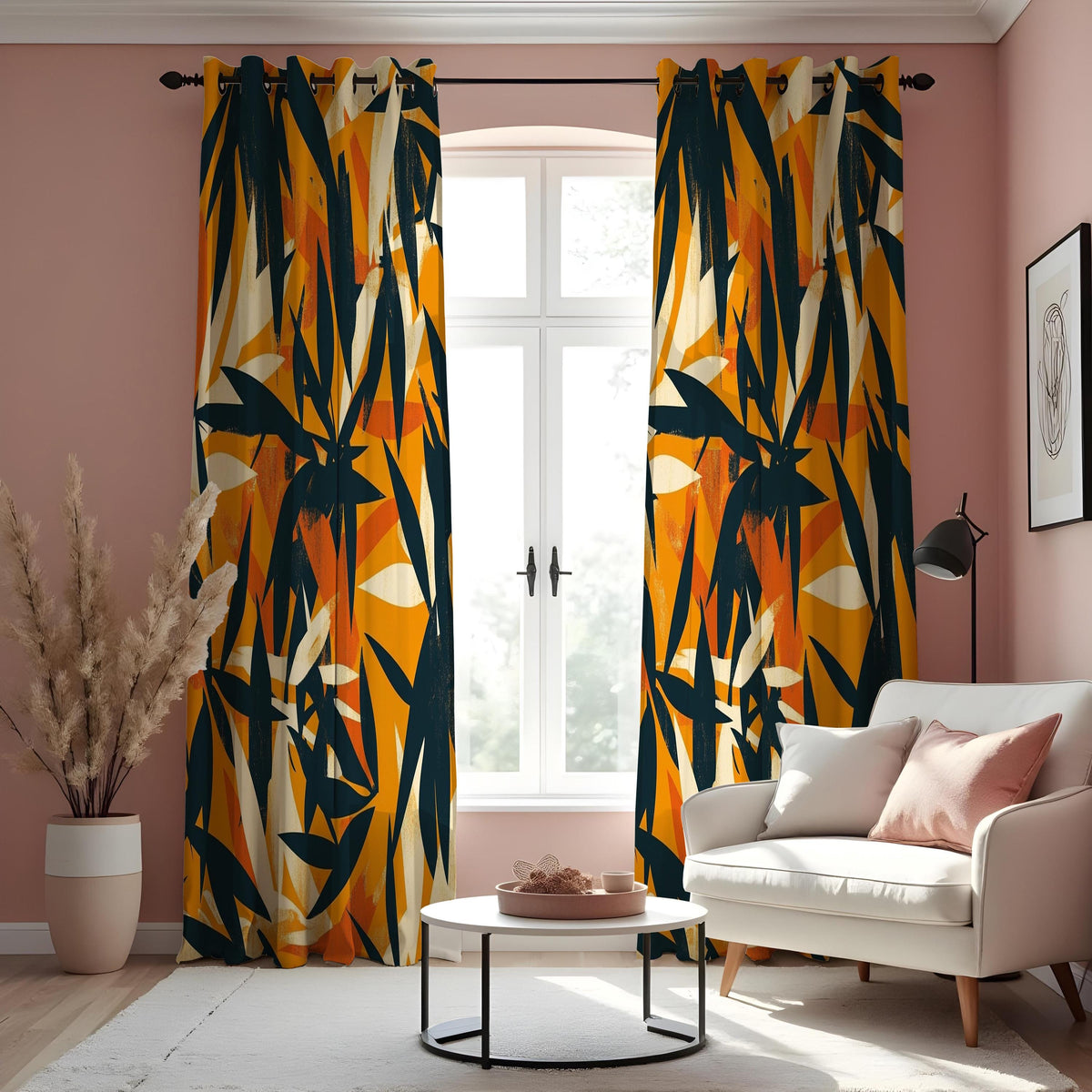 Orange Abstract Brushstroke Curtains, Artistic Leaf Drapes
