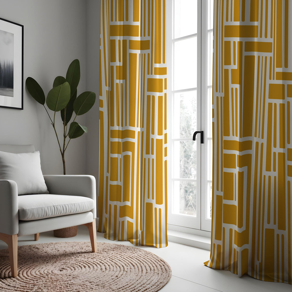 Mustard Yellow Geometric Curtains, Abstract Eyelet Drapes
