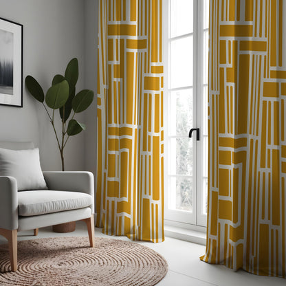 Mustard Yellow Geometric Curtains, Abstract Eyelet Drapes
