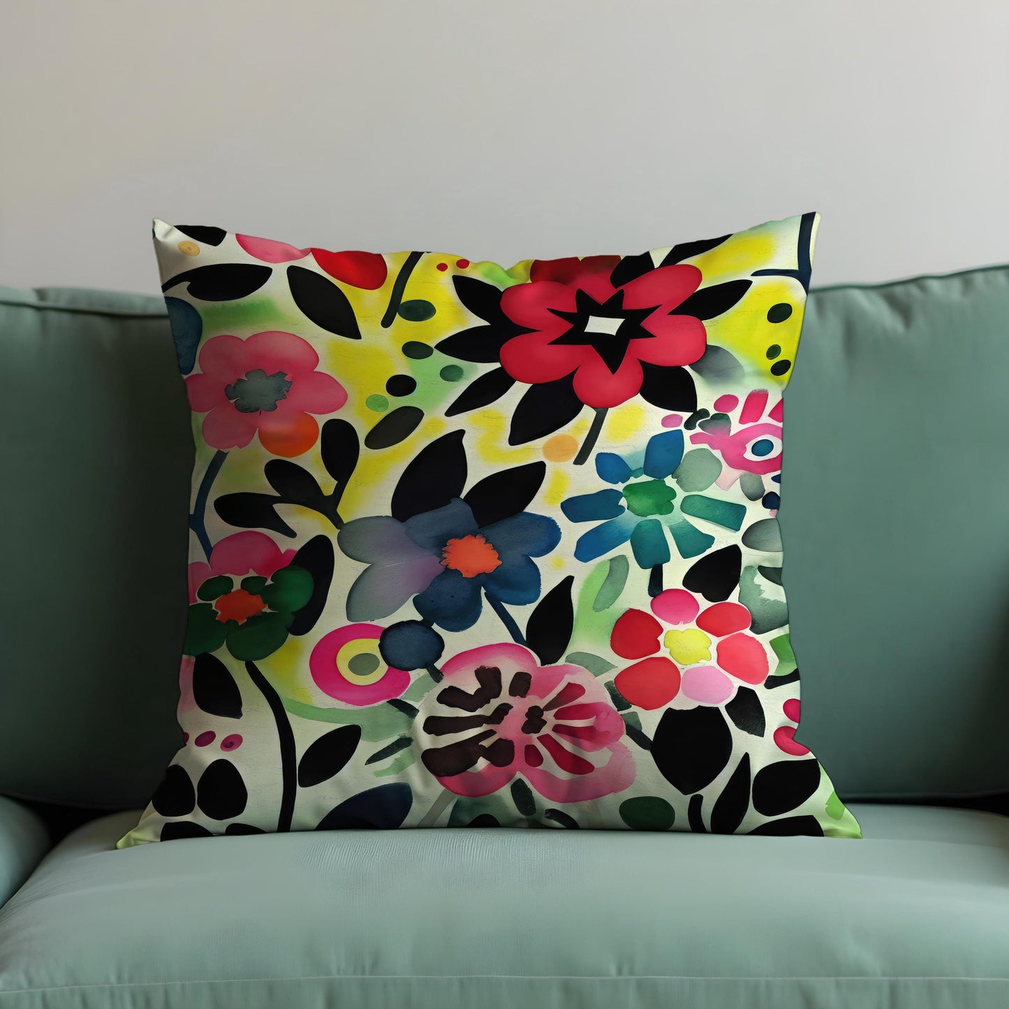Bold Watercolor Floral Cushion Cover, Colorful Flower Throw Pillow Case