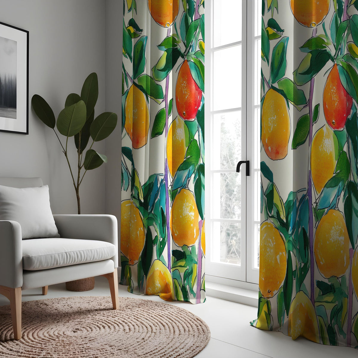 Lemon Watercolor Kitchen Curtains, Citrus Botanical Drapes