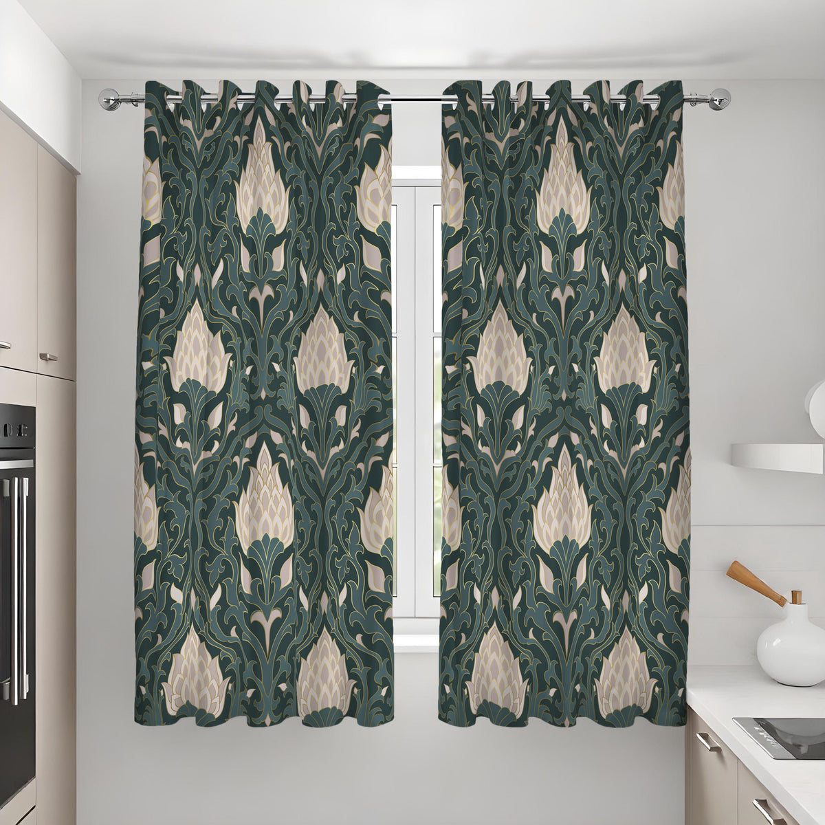 Dark Green Art Deco Curtains, Cream Floral Botanical Drapes