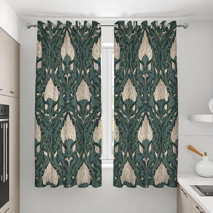 Dark Green Art Deco Curtains, Cream Floral Botanical Drapes