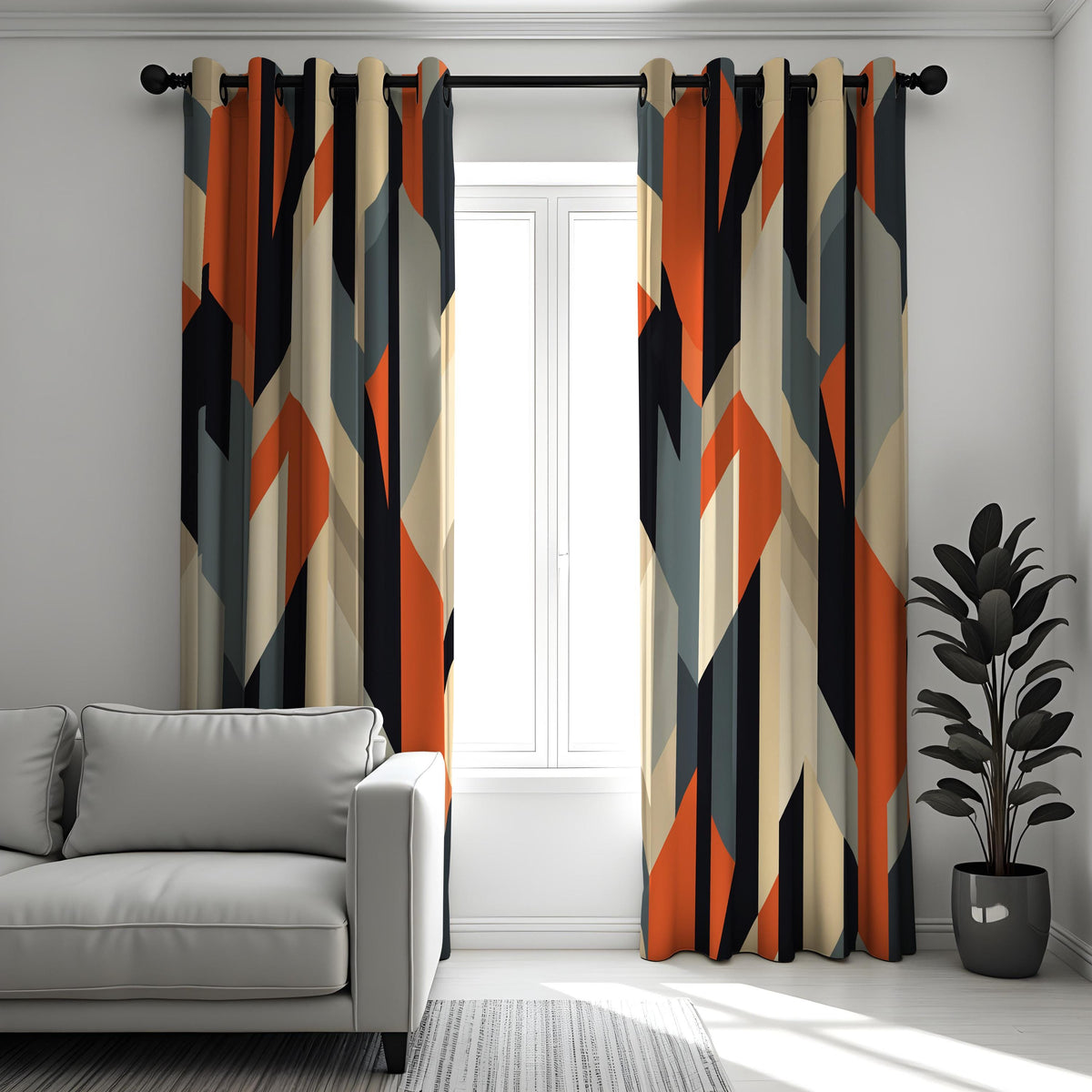 Orange Navy Beige Geometric Curtains, Angular Abstract Drapes