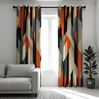 Orange Navy Beige Geometric Curtains, Angular Abstract Drapes