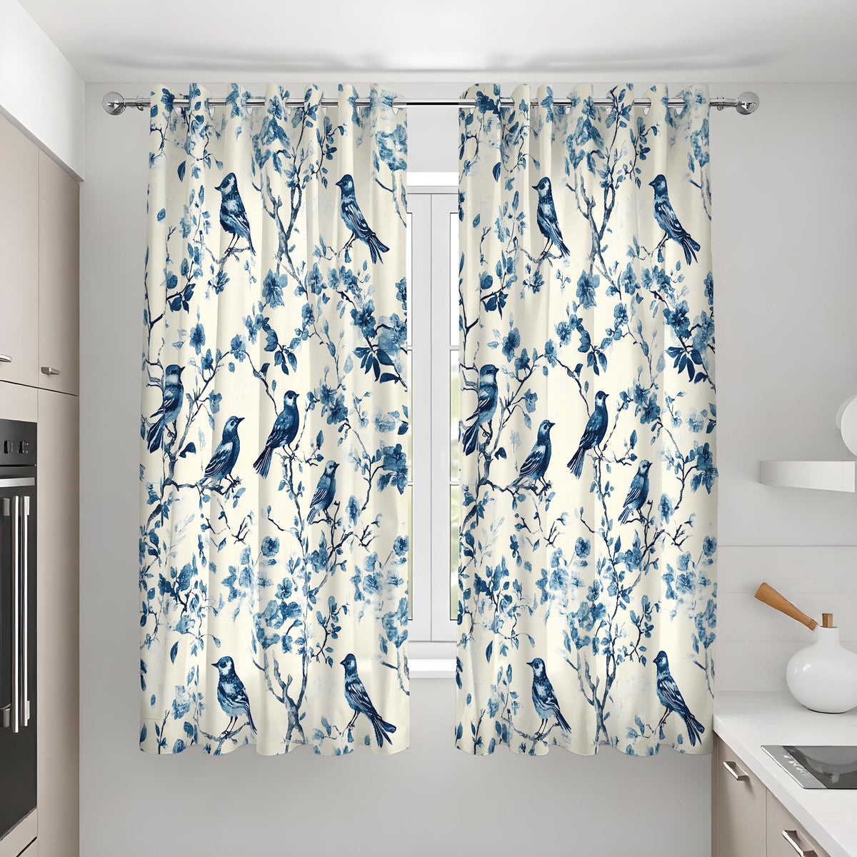 Blue Bird Chinoiserie Curtains, Bird & Branch Drapes
