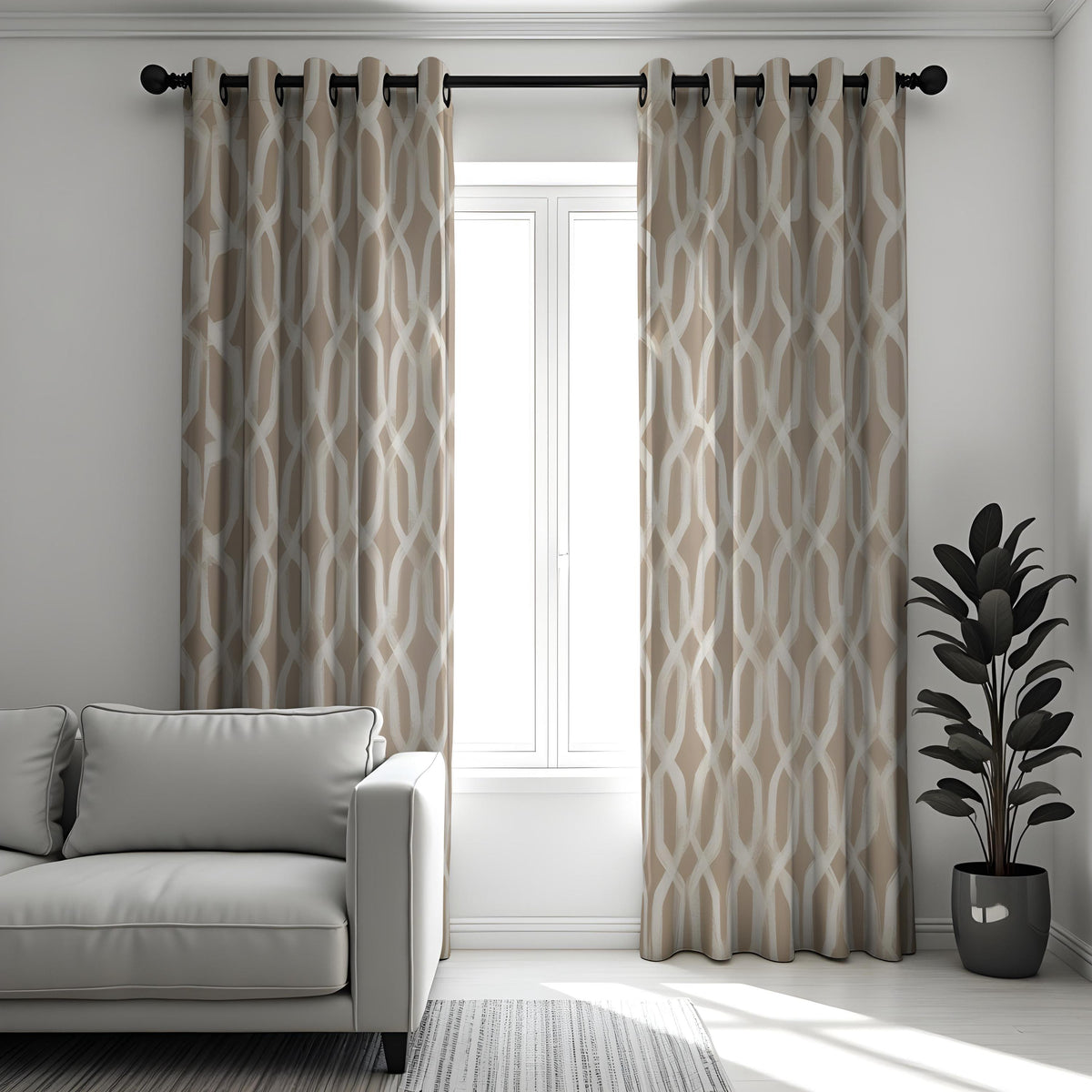 Beige Brushstroke Curtains, Neutral Geometric Drapes
