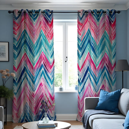 Pink Blue Teal Chevron Curtains, Watercolor Pattern Drapes