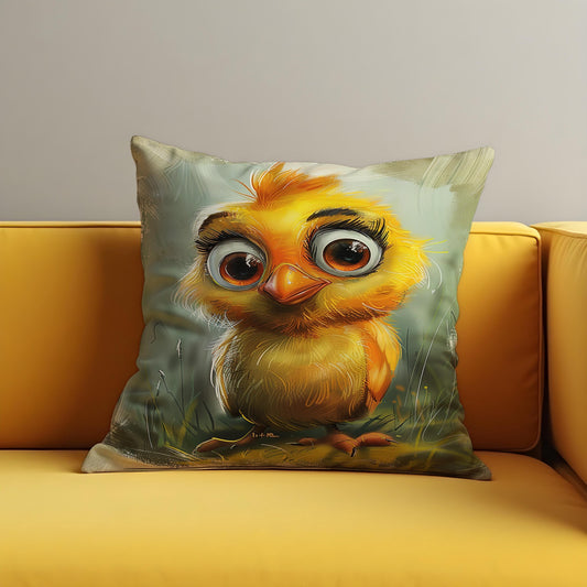 Cute Baby Chick Cushion Cover, Cartoon Style Yellow Bird Pillow Cover