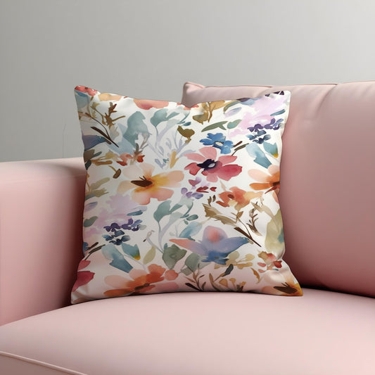 Romantic Floral Watercolor Cushion Cover, Blush Pink & Wildflower Pillow Case