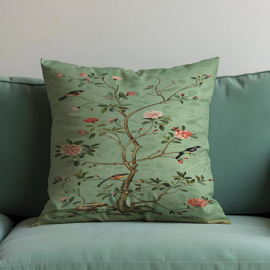 Sage Green Bird Cushion Cover, Chinoiserie Pillow Case