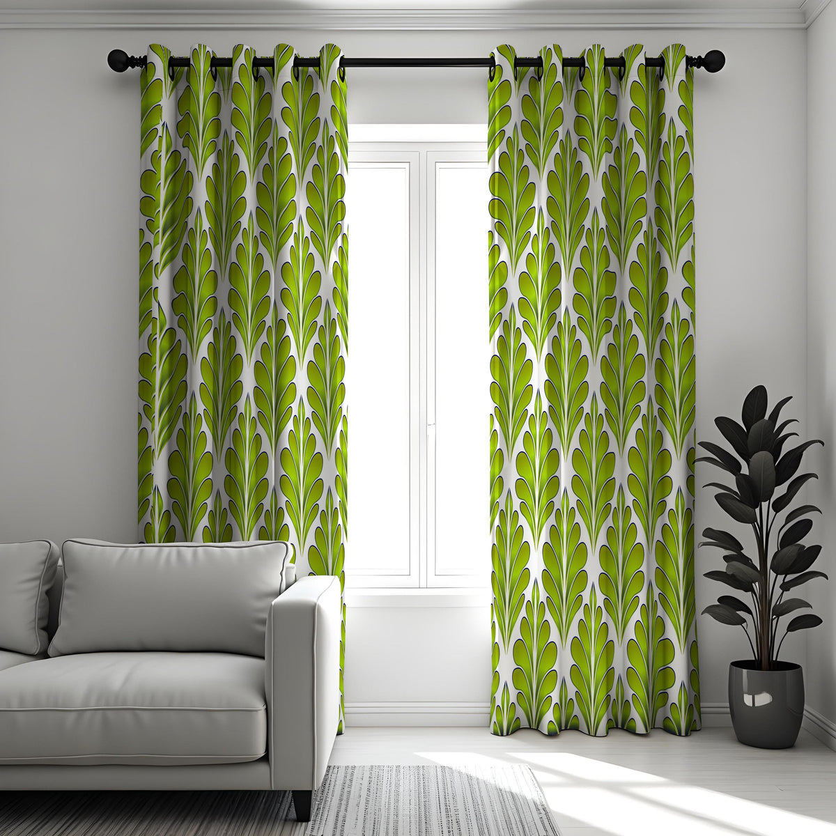 Green Retro Leaf Curtains, Modern Botanical Custom Drapes