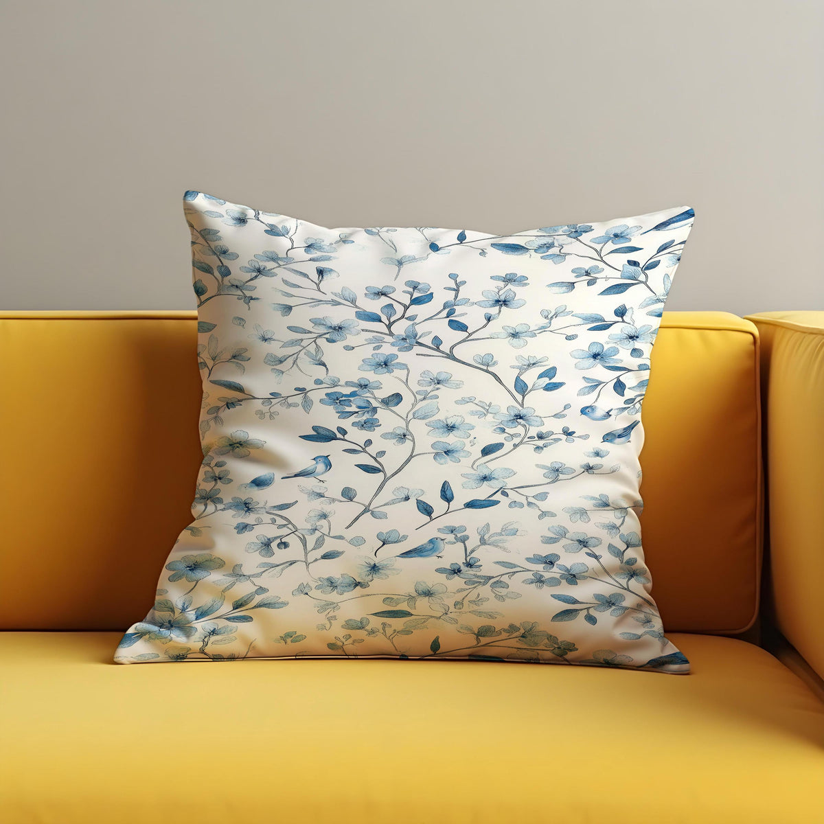 Blue Bird Floral Cushion Cover, Botanical Pillow Case