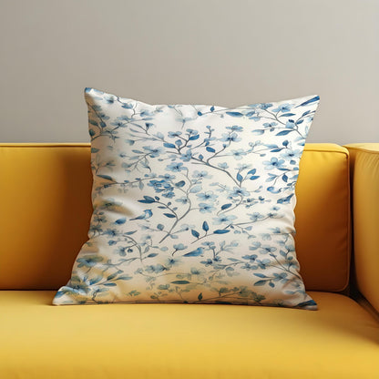 Blue Bird Floral Cushion Cover, Botanical Pillow Case