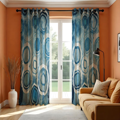 Blue Retro Circle Curtains, Mid Century Geometric Drapes