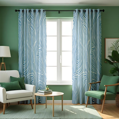 Blue Wavy Line Curtains, Modern Fluid Abstract Drapes