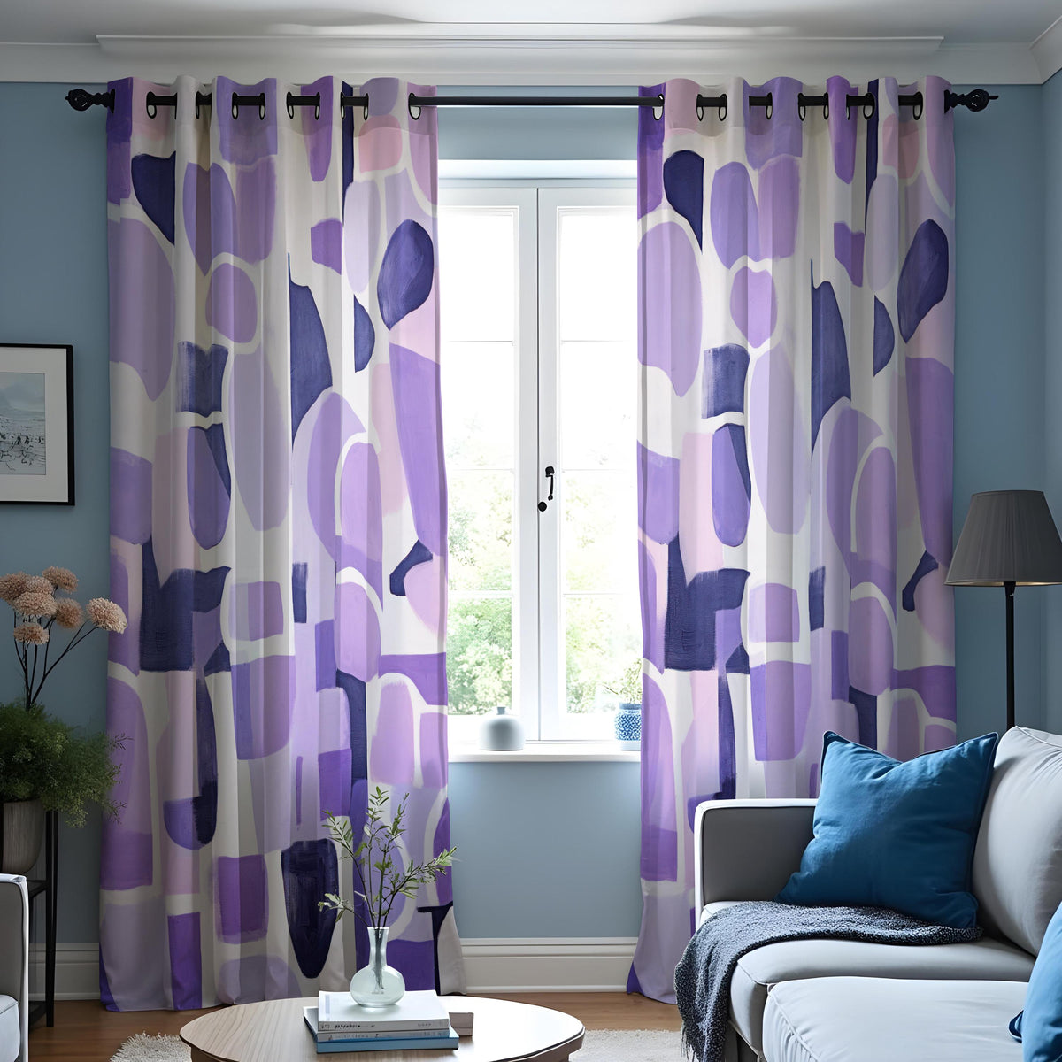 Purple Abstract Geometric Curtains, Modern Art Drapes