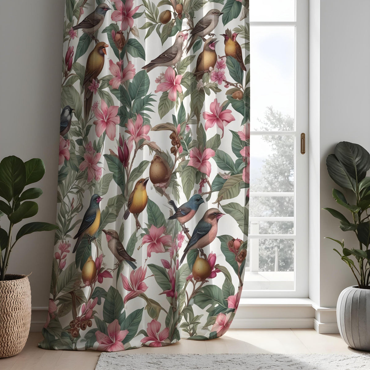Tropical Bird & Flower Curtains, Vibrant Botanical Drapes