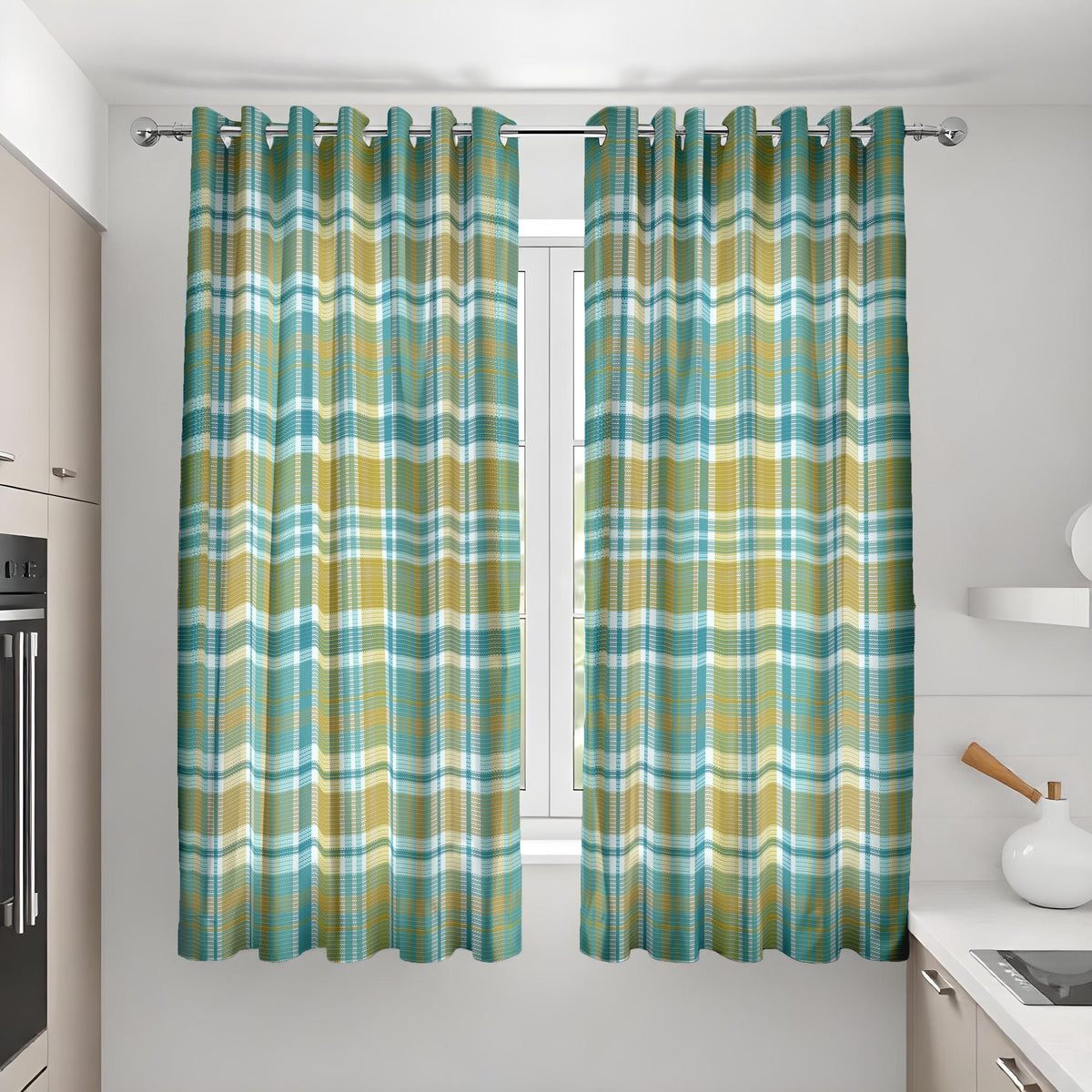 Green Plaid Check Curtains, Farmhouse Style Window Drapes
