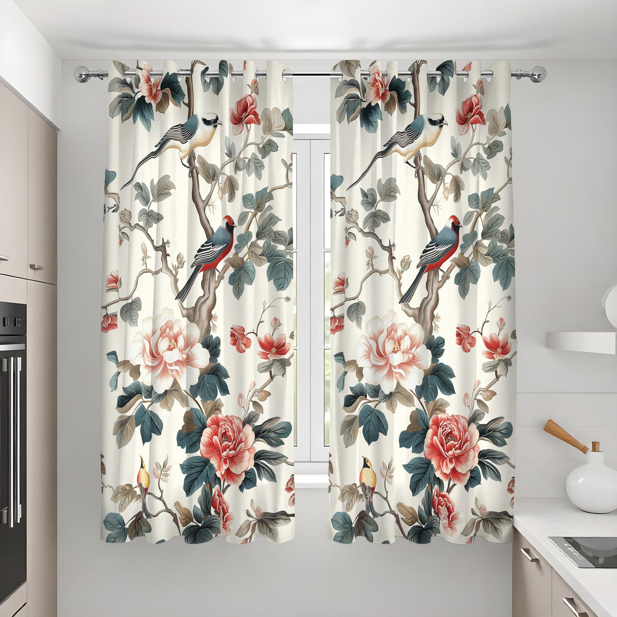 Chinoiserie Bird Curtains, Floral Botanical Custom Drapes