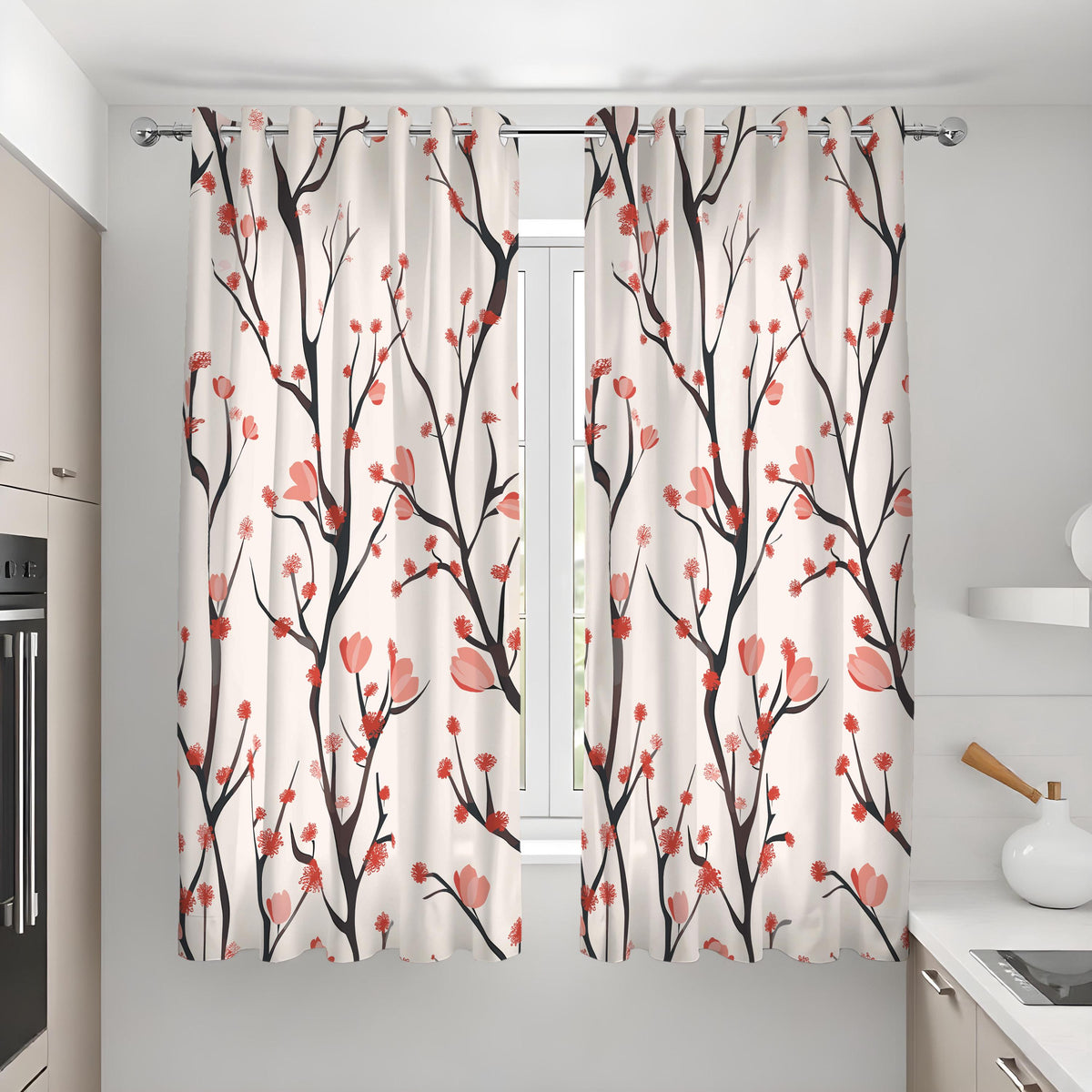Bird and Branch Curtains, Beige & Red Botanical Tree Drapes