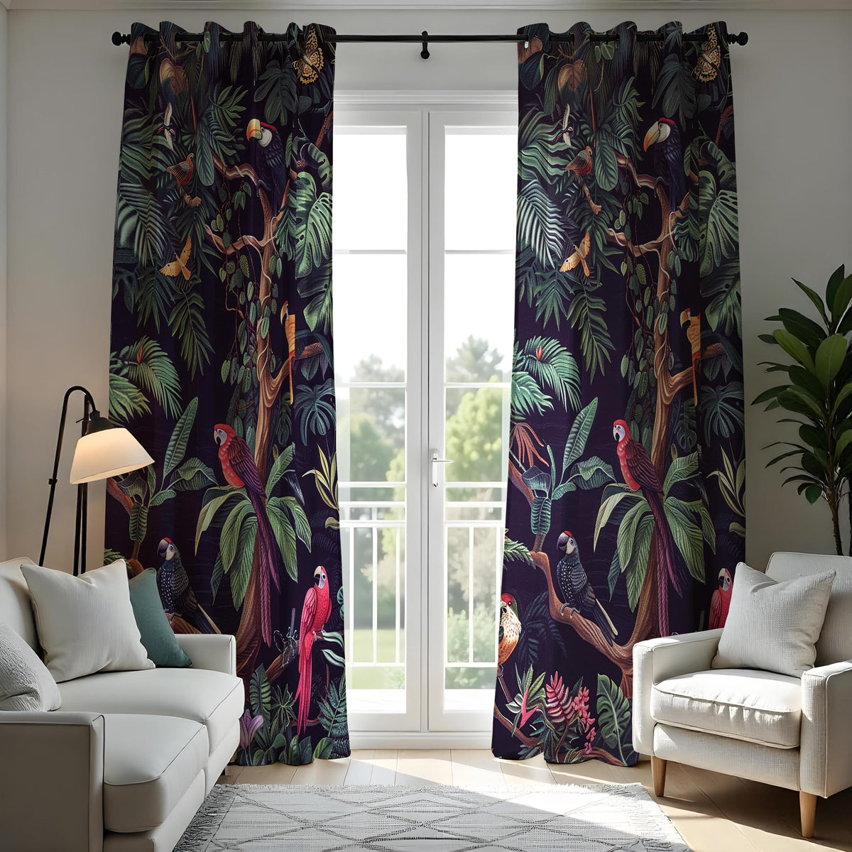 Tropical Parrot Curtains, Dark Jungle Bird & Leaf Drapes