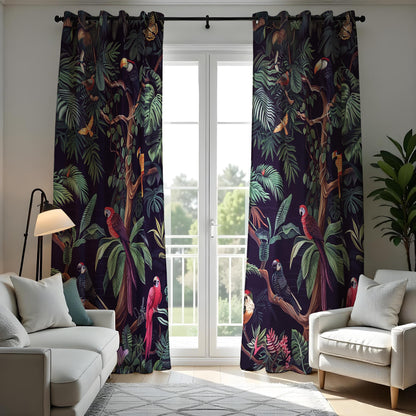 Tropical Parrot Curtains, Dark Jungle Bird & Leaf Drapes