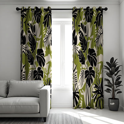 Green & Black Monstera Curtains, Tropical Leaf Print Drapes