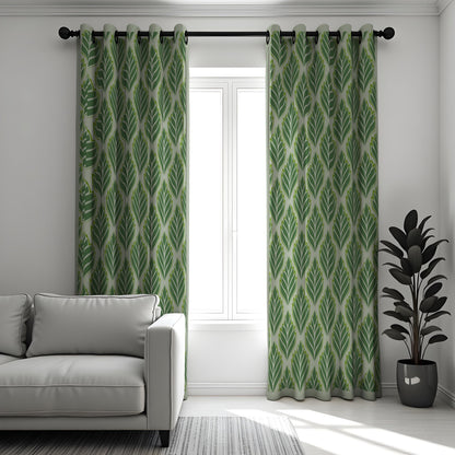 Green Leaf Pattern Curtains, Modern Botanical Custom Drapes
