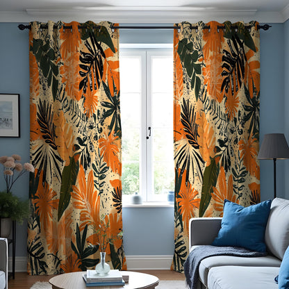 Orange Tropical Leaf Curtains, Jungle Foliage Window Drapes
