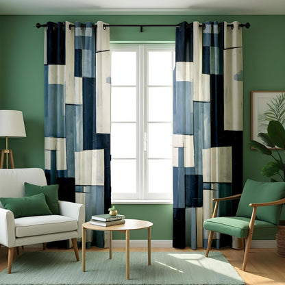 Navy & Ivory Block Pattern Curtains, Modern Custom Drapes