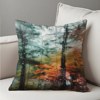 Rainy Window Forest Cushion Cover, Moody Autumn Throw Pillow Cover