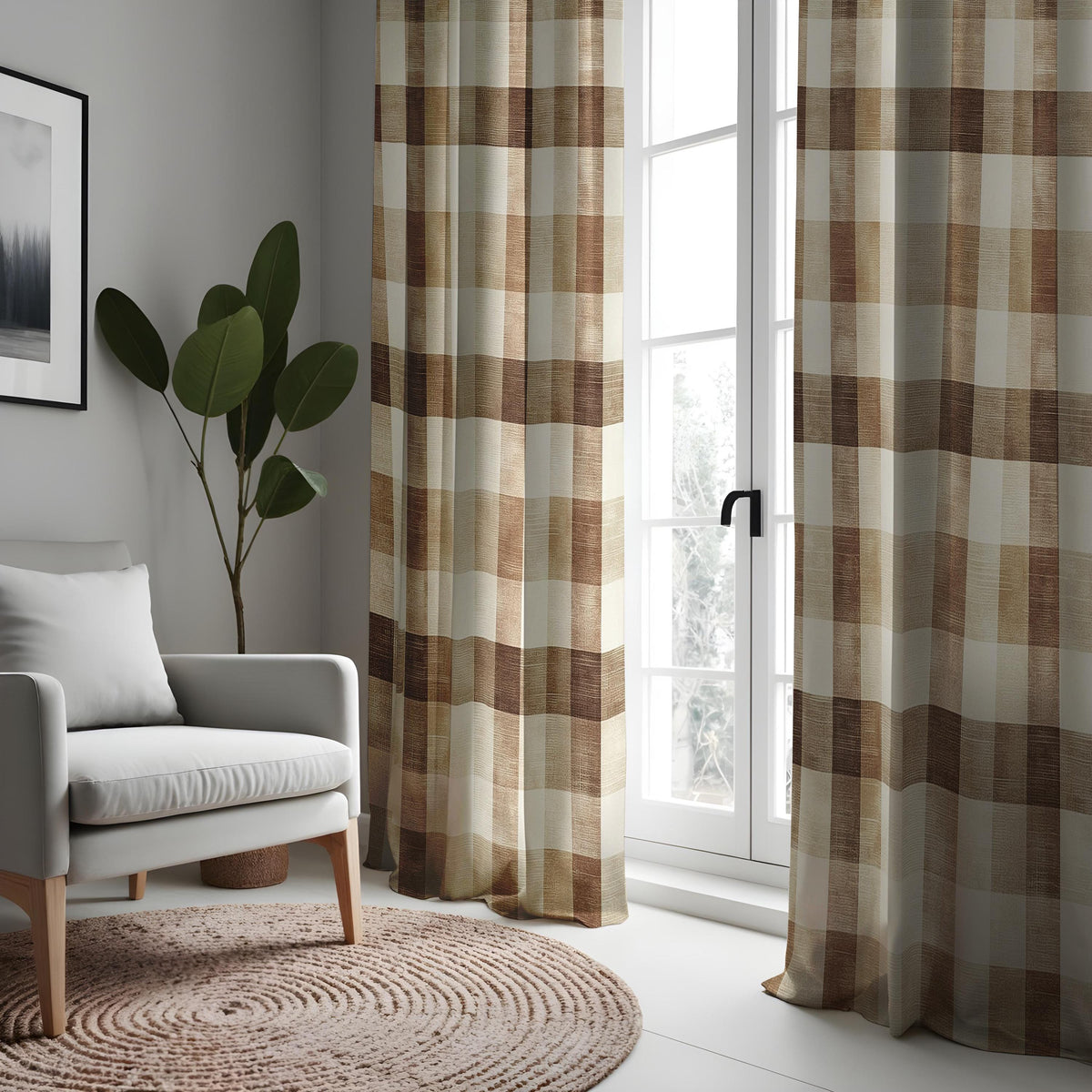 Brown Check Plaid Curtains, Rustic Farmhouse Window Drapes