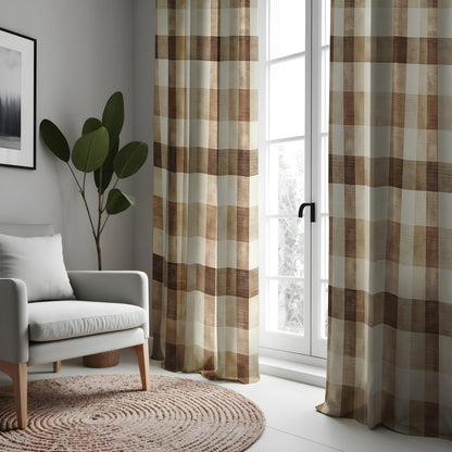 Brown Check Plaid Curtains, Rustic Farmhouse Window Drapes