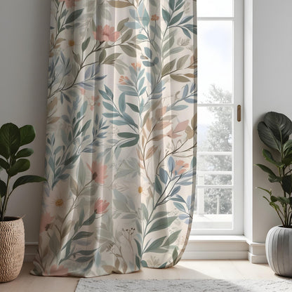 Soft Pastel Botanical Curtains, Leaf & Flower Custom Drapes