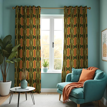 Olive Mustard Brown Retro Curtains, Mid Century Drapes