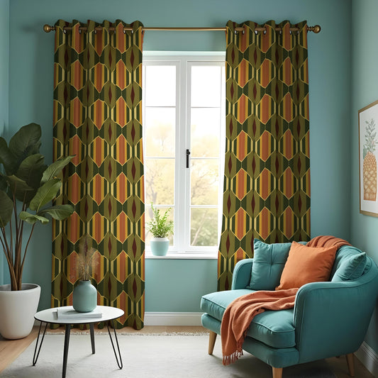 Olive Mustard Brown Retro Curtains, Mid Century Drapes