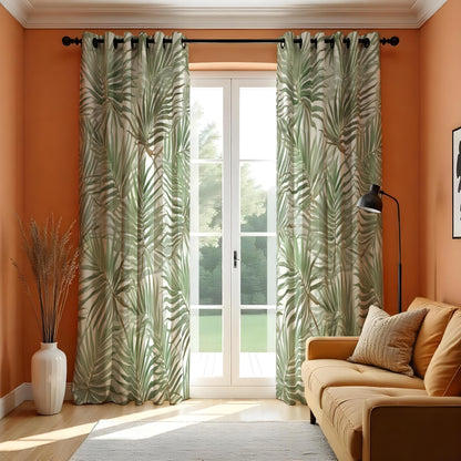 Green Palm Leaf Curtains, Tropical Botanical Window Drapes