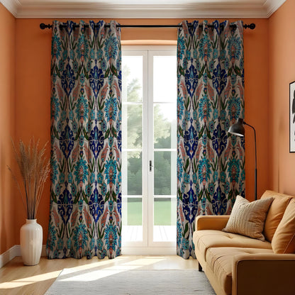Blue & Orange Ikat Curtains, Boho Mediterranean Drapes